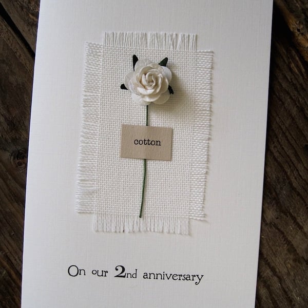 2nd Anniversary Card with Cotton Fabric and Single Red Rose