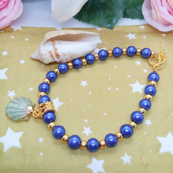 Navy Glass Pearl Beaded Bracelet With An Enamel Shell Charm, Gift for Her