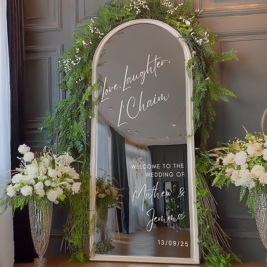 Personalised Jewish Wedding Vinyl Sticker - L’Chaim” Script Mirror Decal Decor