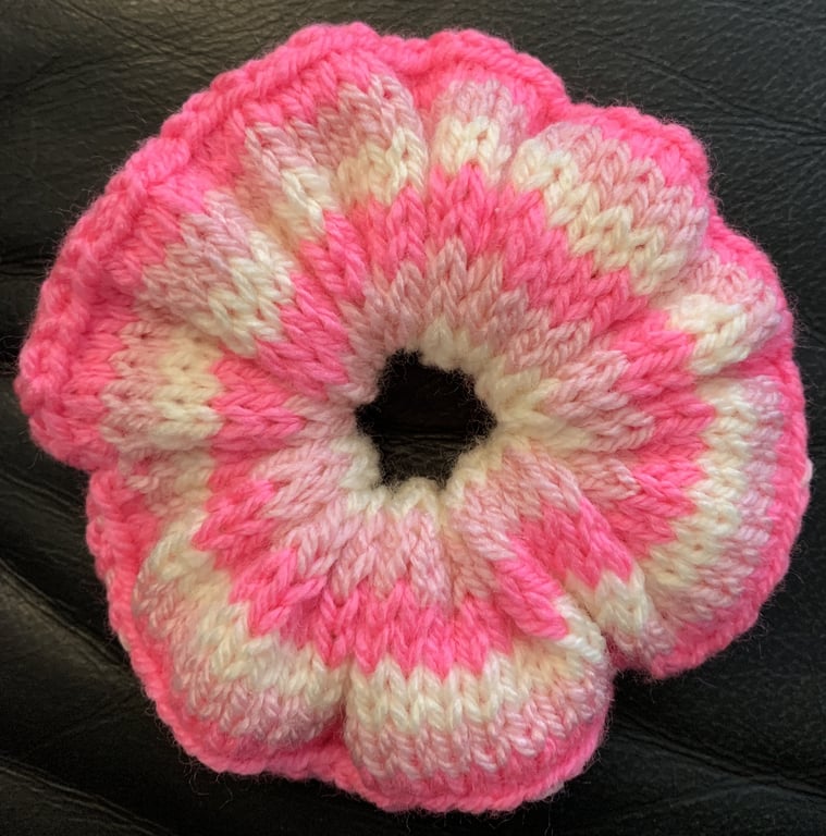 Pink Cream Stripe Scrunchie Hand Knitted Hair Bobble Bun Topper Repurposed 