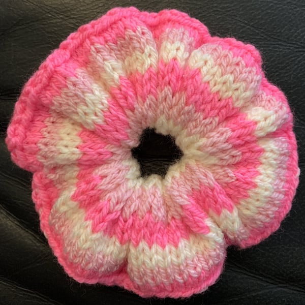 Pink Cream Stripe Scrunchie Hand Knitted Hair Bobble Bun Topper Repurposed 