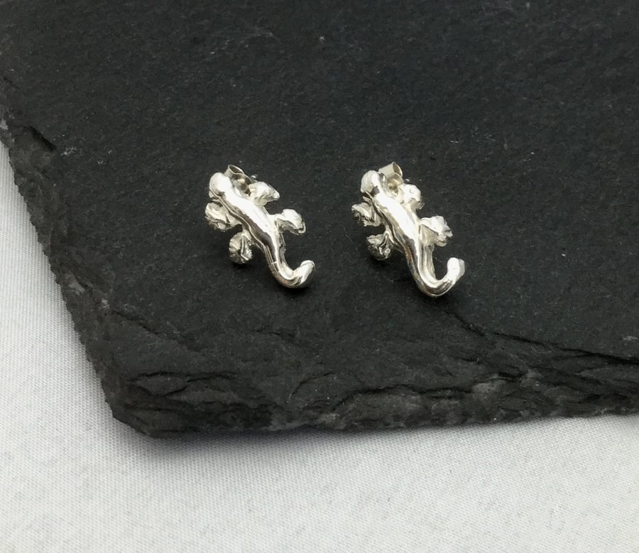 Fine silver gecko earrings