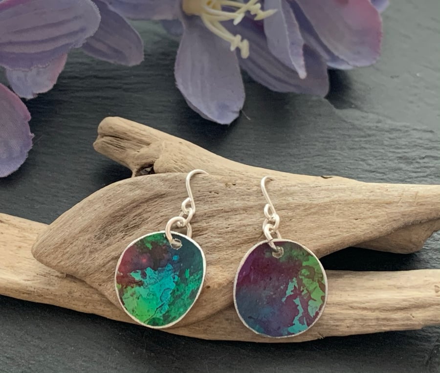 Printed Aluminium and sterling silver earrings - Turquoise, green, red