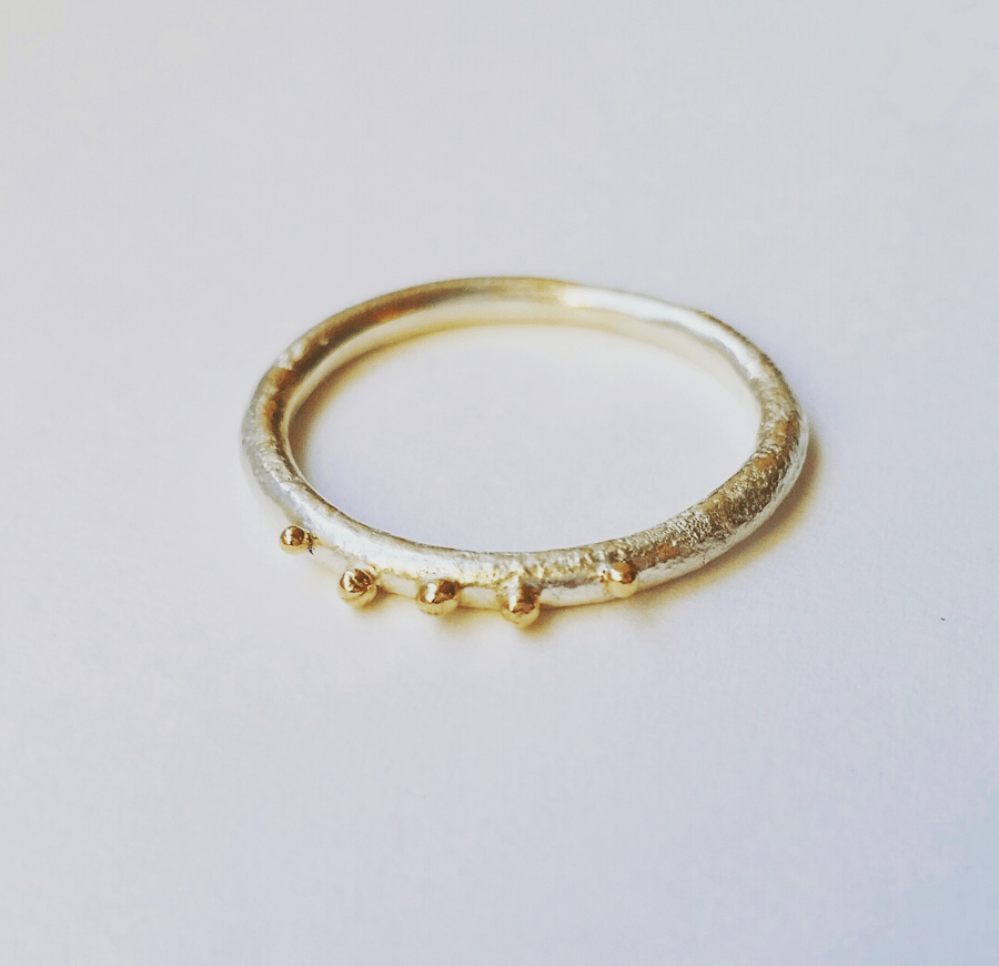 Organic texture Silver and 9ct Gold Ring, Handmade in UK 