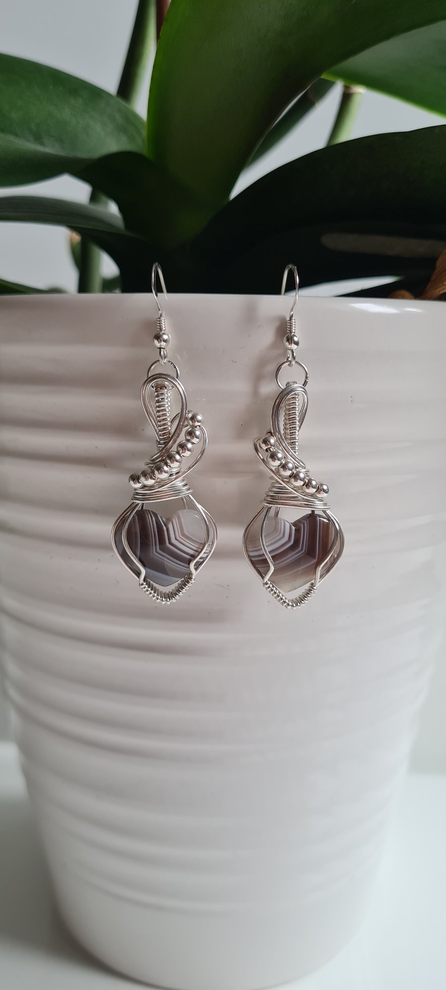 Natural Botswana Agate & 925 Silver Heart Earrings Gift Crystal Jewellery
