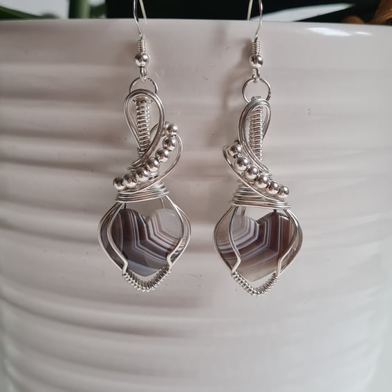 Natural Botswana Agate & 925 Silver Heart Earrings Gift Crystal Jewellery