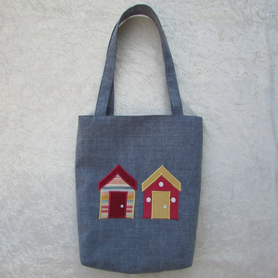 Beach huts tote bag in blue, red and yellow