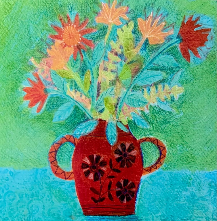 Red Vase of Flowers, Blank Greetings Card