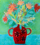 Red Vase of Flowers, Blank Greetings Card