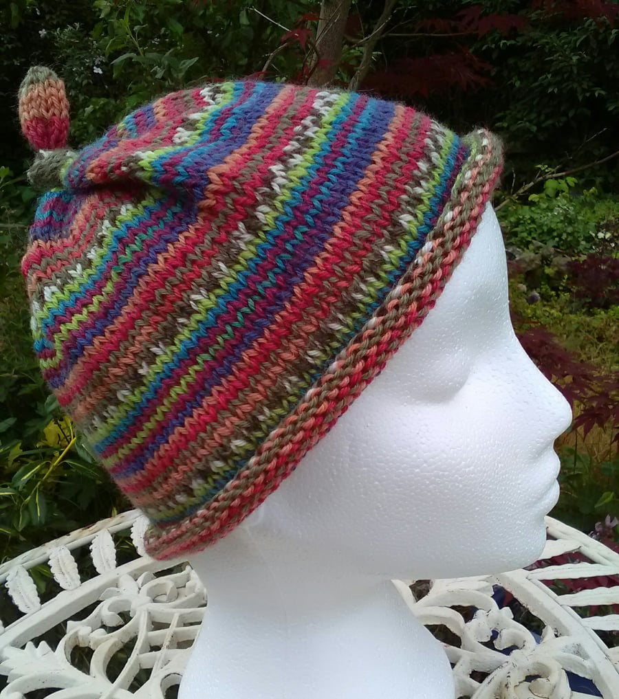 Handknit KNOTTY TOP BEANIE Stripey jacquard in reds blues multi child teen adult
