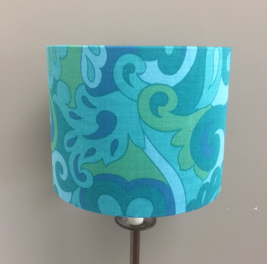 Swinging 60s Groovy Swirly Blue Green Abstract Vintage Fabric Lampshade