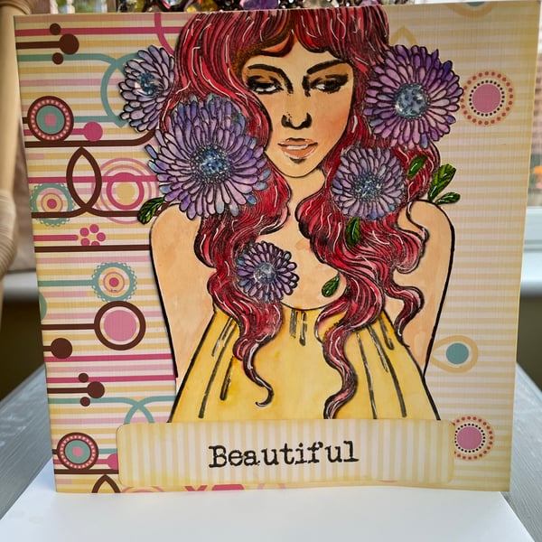 Fabulous beautiful girl and flowers card