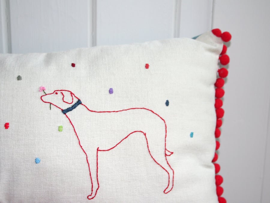 Hand Embroidered Whippet Dog Lovers Cushion - FREE P&P IN UK