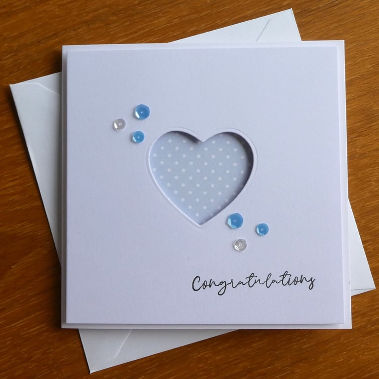 Congratulations Card - Pastel Blue and White Polka Dot Heart Aperture