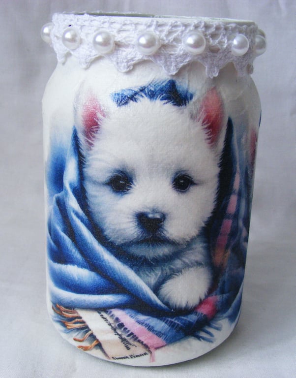 West highland terrier decoupage recycled glass vase