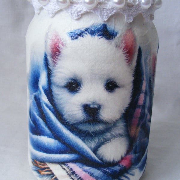 West highland terrier decoupage recycled glass vase