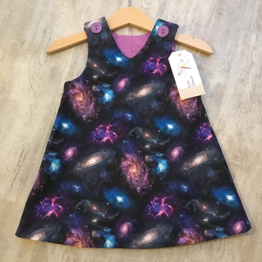 Girls Galaxy dress, Space, Satellites, night sky, pinafore dress.