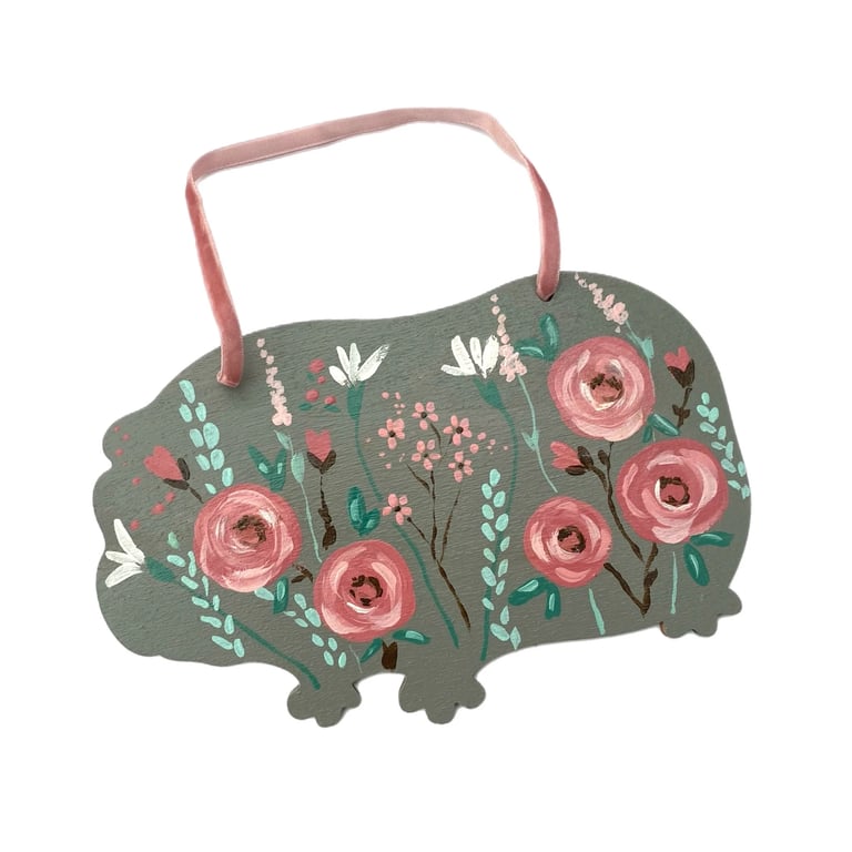 Guinea Pig Decor Sign – Hand Painted Wooden Guinea Pig, Grey with Pink Florals