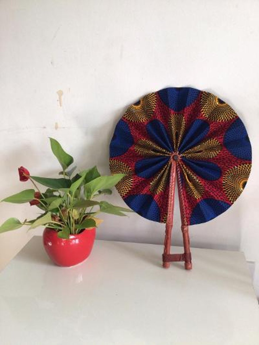 African Print Fan, Leather handle fan