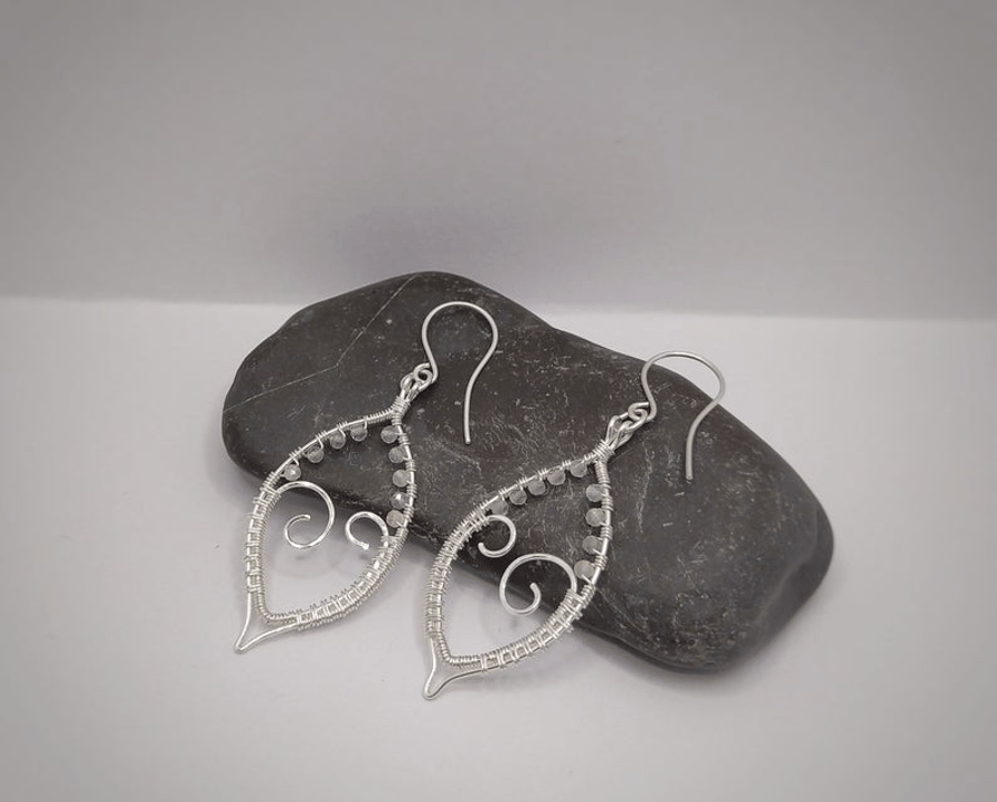 Leaf Shaped Wire Wrapped Swirly Drop Earrings With Labradorite