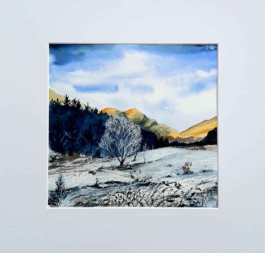 Watercolour Painting. Lowland Snow. Ready to Frame. Free UK Post