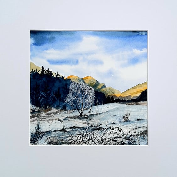 Original Painting. Lowland Snow Countryside View. Paper Art