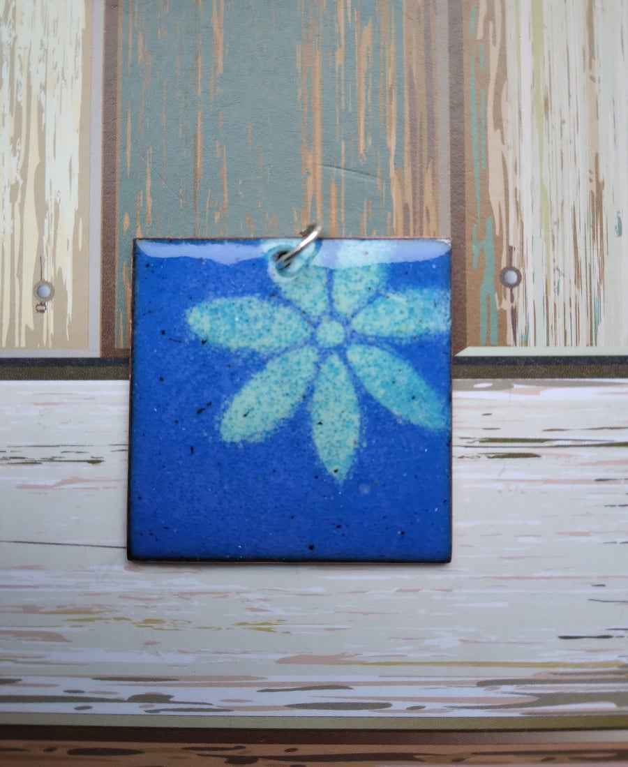 Large square copper enamelled floral pendant 229