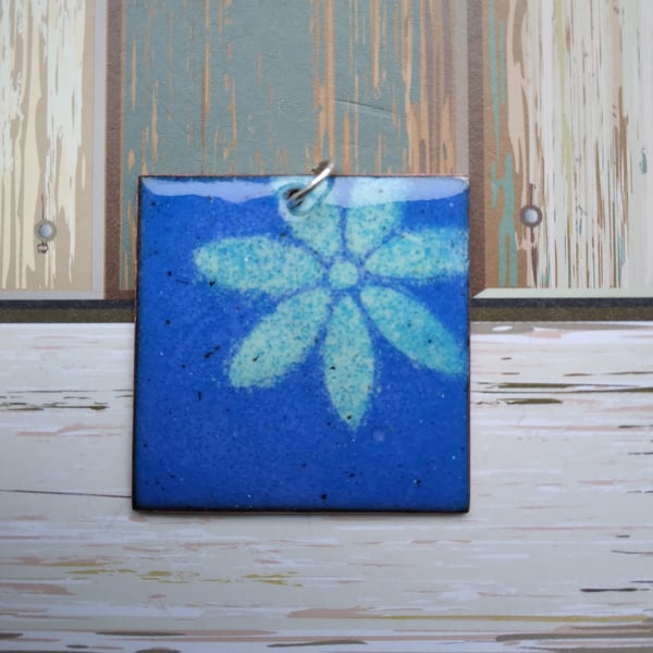 Large square copper enamelled floral pendant 229
