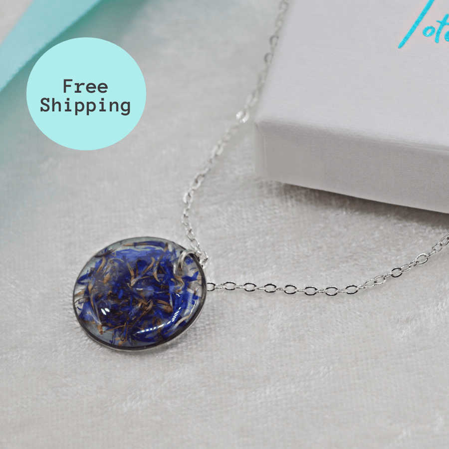 Blue Cornflower Petal Round Pendant Necklace - Free Postage