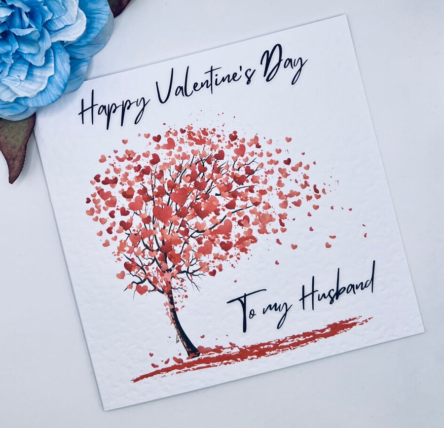 Valentines Red Heart blossom tree Card personalised for husband, wife, Fianc or 