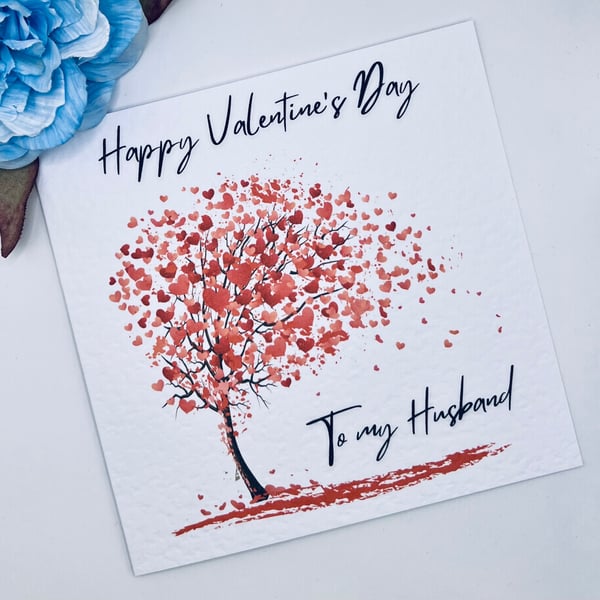 Valentines Red Heart blossom tree Card personalised for husband, wife, Fianc or 