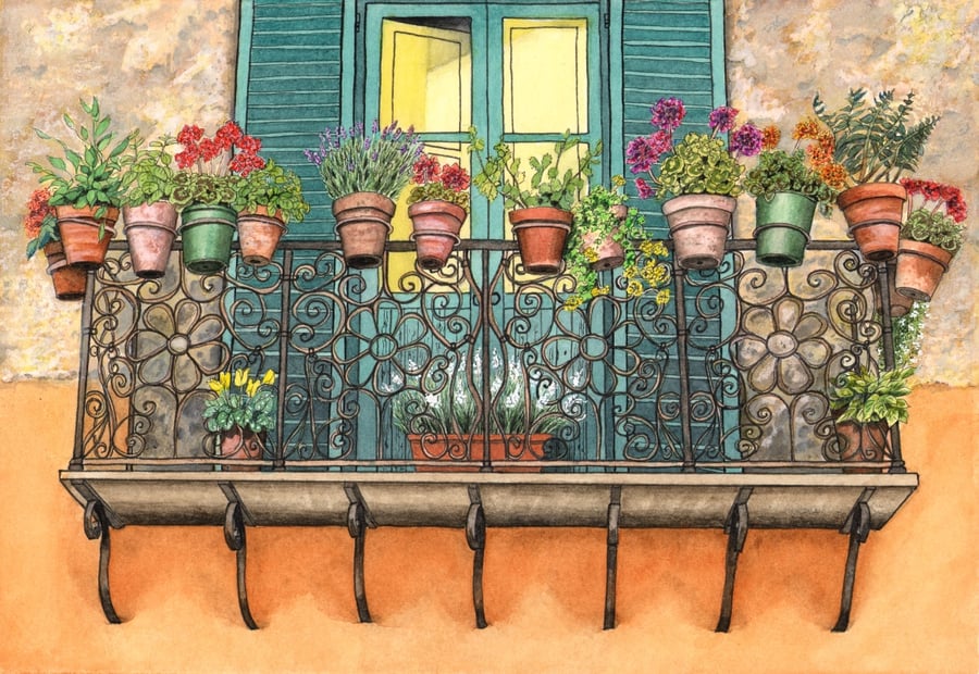 Orvieto Balcony, mixed media, framed painting, silver moulding