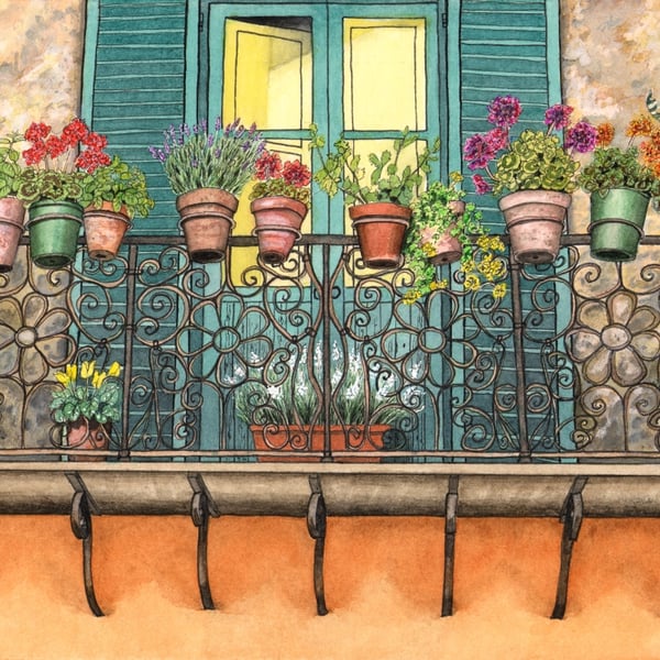 Orvieto Balcony, mixed media, framed painting, silver moulding