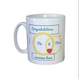 Personalised Wedding Mug. Congratulations Mr & Mrs ADD THEIR SURNAME. 