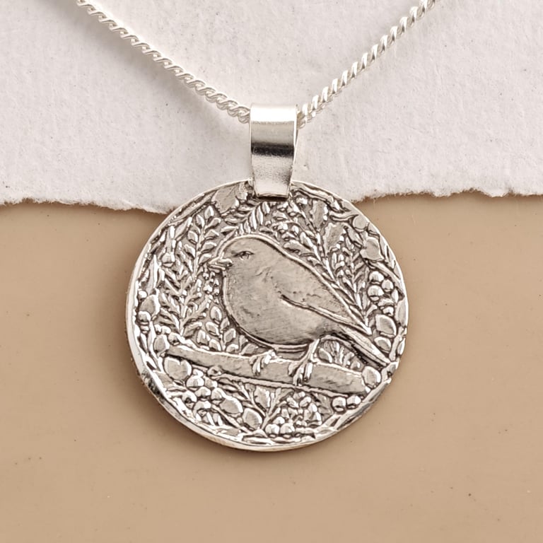 Robin Engraved Sterling Silver Coin Necklace