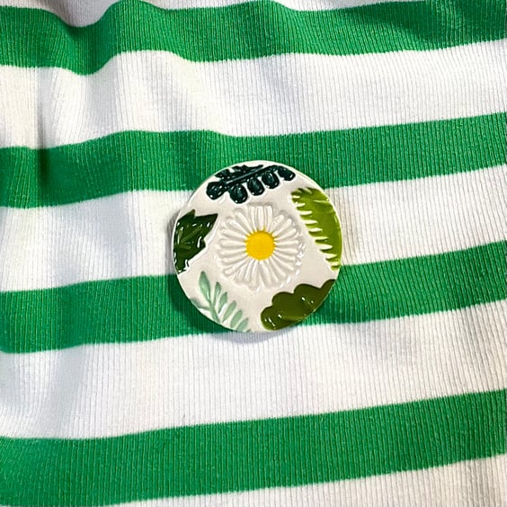 Handmade Ceramic Leafy Daisy brooch, Hand Made Badge