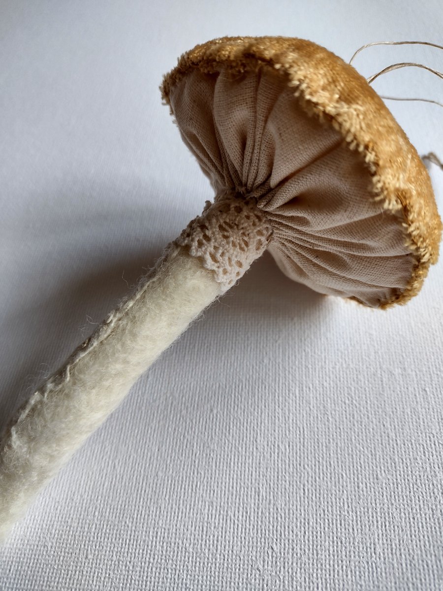 Gold velvet mushroom, hanging textile toadstool 