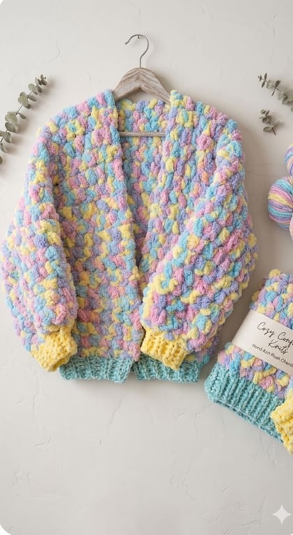 Oversized Pastel Chunky Knit Cardigan  Hand-Knitted Plush Bubble Jacket 