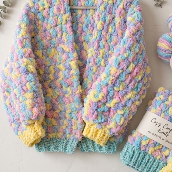 Oversized Pastel Chunky Knit Cardigan  Hand-Knitted Plush Bubble Jacket 