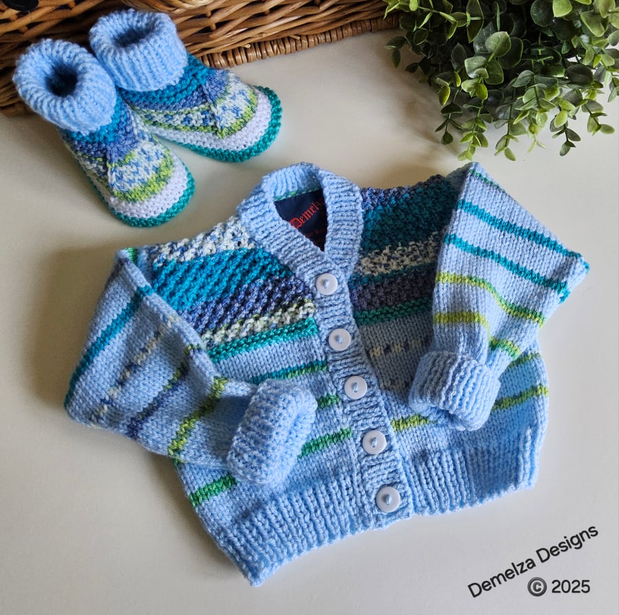 Designer Baby Boy's Hand Knitted Cardigan & Booties Set 3-9 months size