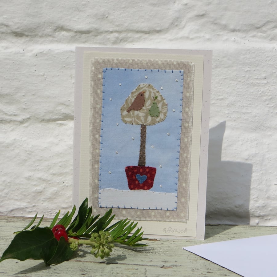 Partridge in a Pear Tree, sweet hand-stitched miniature on Christmas card