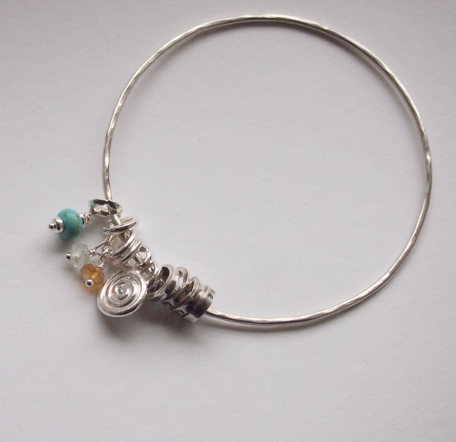 Breathe Be Calm Sterling Silver Bangle with Hand Made Charms