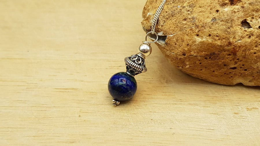 Minimalist Azurite sphere pendant necklace. Bali silver Reiki jewellery