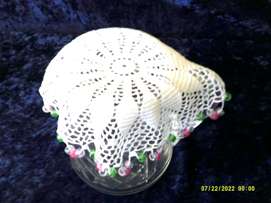 Crochet Jug Cover With Pink, Green & Clear Beads