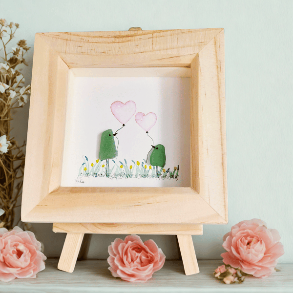 Sea Glass Balloon Birds Picture - framed sea glass artwork, gift for couples