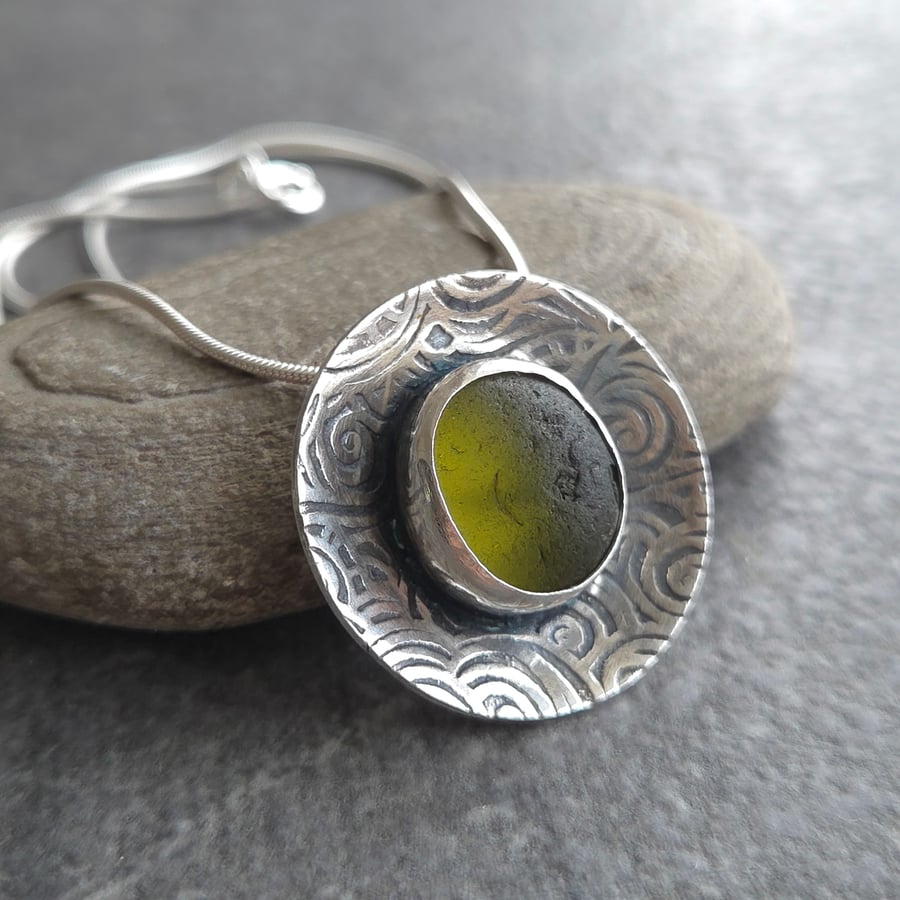 Olive green seaglass pendant, Spiral pattern silver necklace