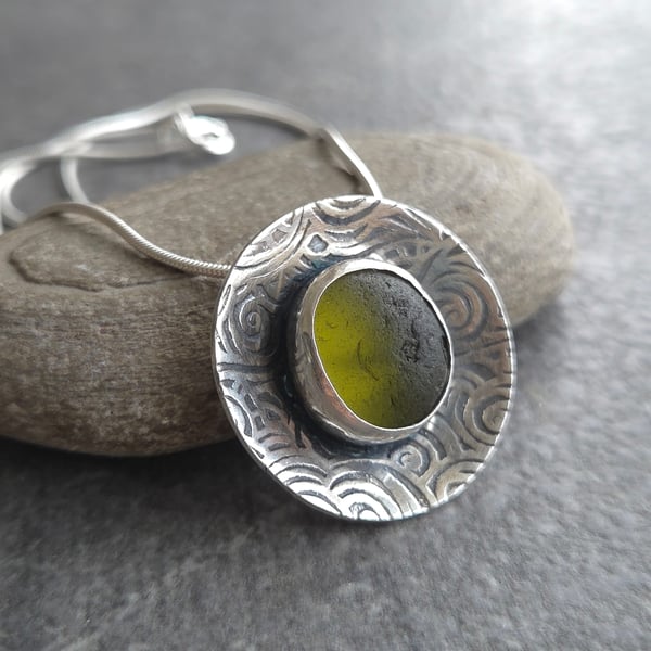Olive green seaglass pendant, Spiral pattern silver necklace