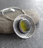 Olive green seaglass pendant, Spiral pattern silver necklace