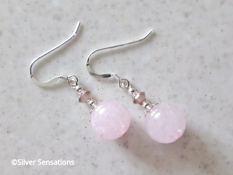 Pink Rose Quartz Bead Earrings With Swarovski Crystals & Sterling Silver