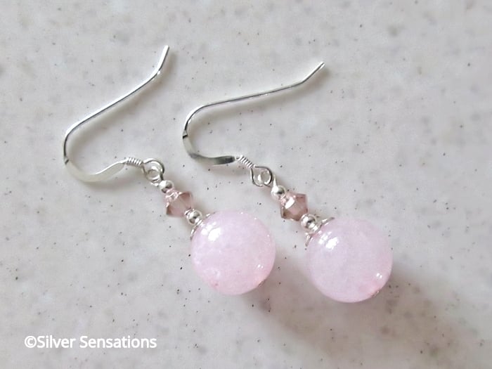 Pink Rose Quartz Bead Earrings With Swarovski Crystals & Sterling Silver